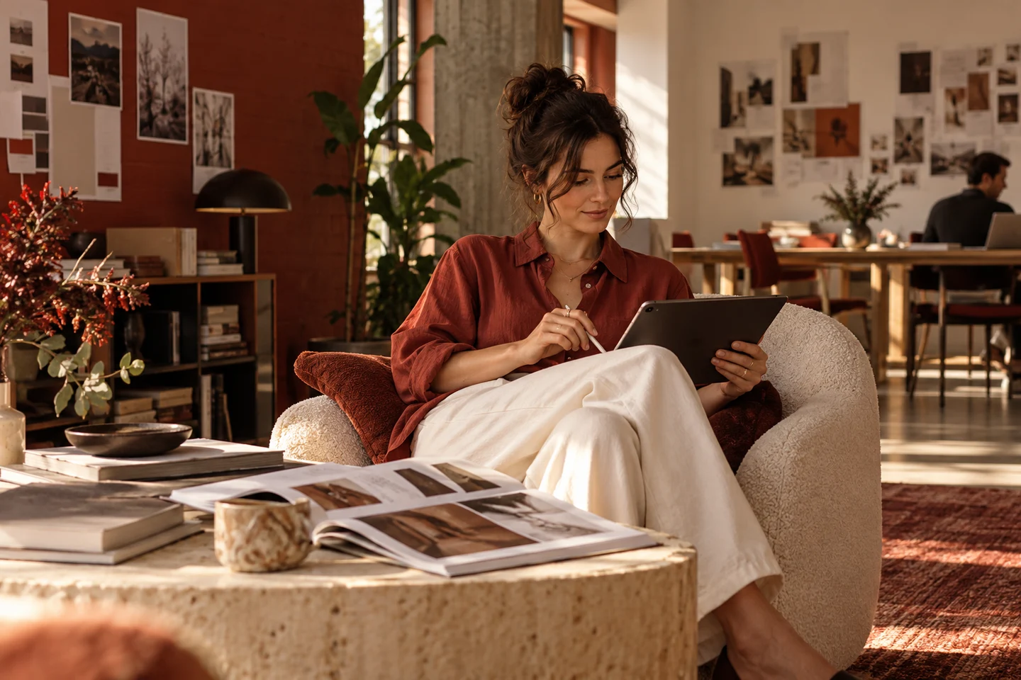 A thoughtful reader reviewing work in a warm studio